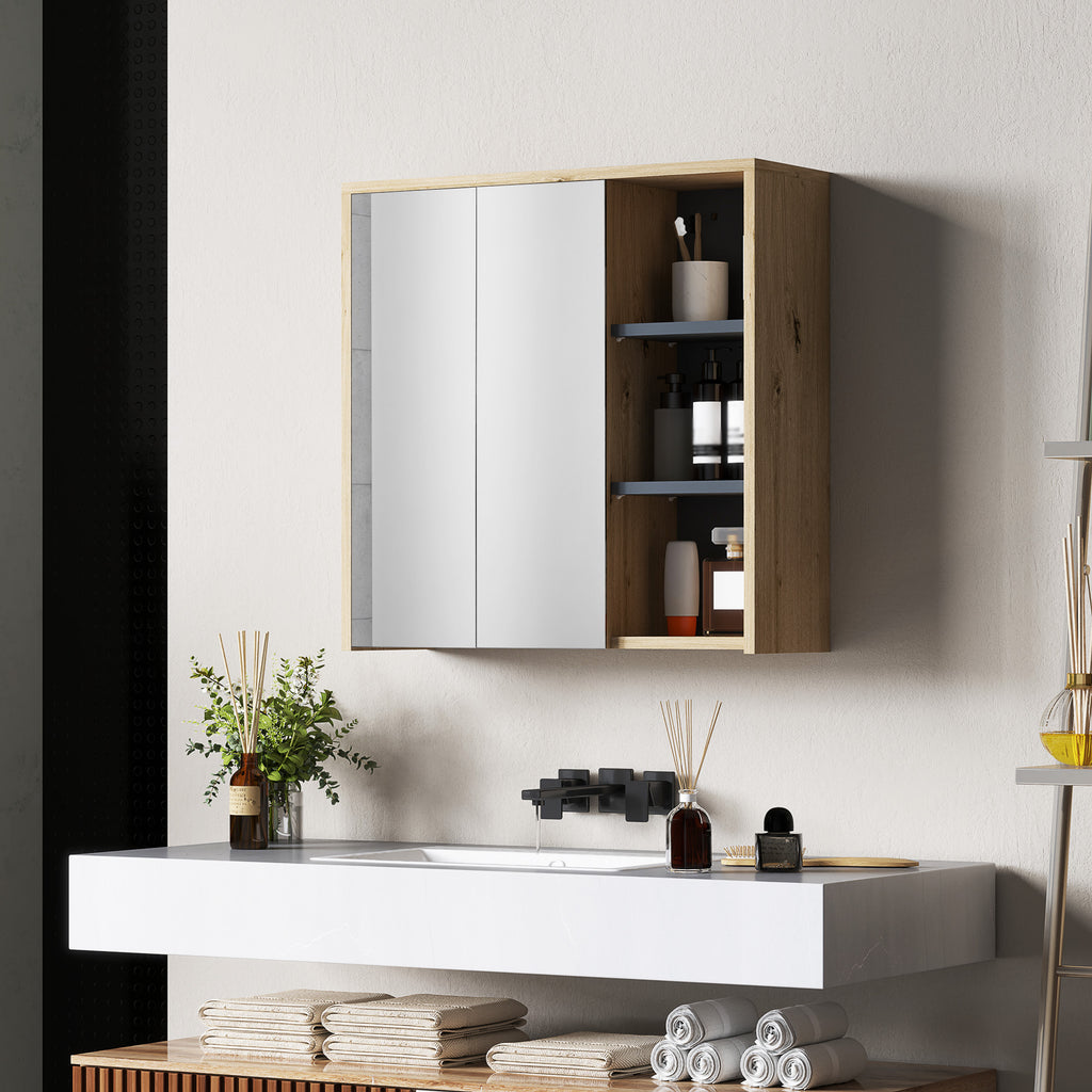 Armoire de salle de bain avec miroir armoire de toilette miroir mural 3 étagères ouverts 60 x 20 x 60 cm bois naturel-9