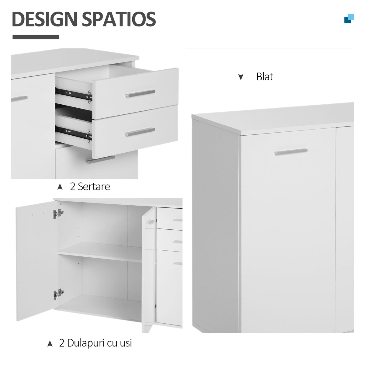 Buffet salon à haut brillance, meuble de rangement avec 2 tiroirs, 3 portes et étagère réglable, style contemporain, buffet salle à manger et cuisine, 106 x 35 x 76 cm, blanc-3