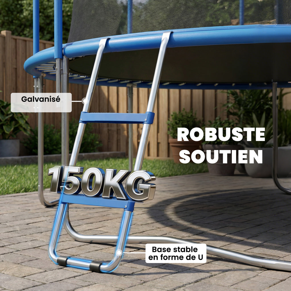 Échelle de Trampoline 2 Marches Larges avec Crochet Universel, Cadre en Acier Galvanisé, Charge 150 kg, 97x32x7 cm, Bleu-3