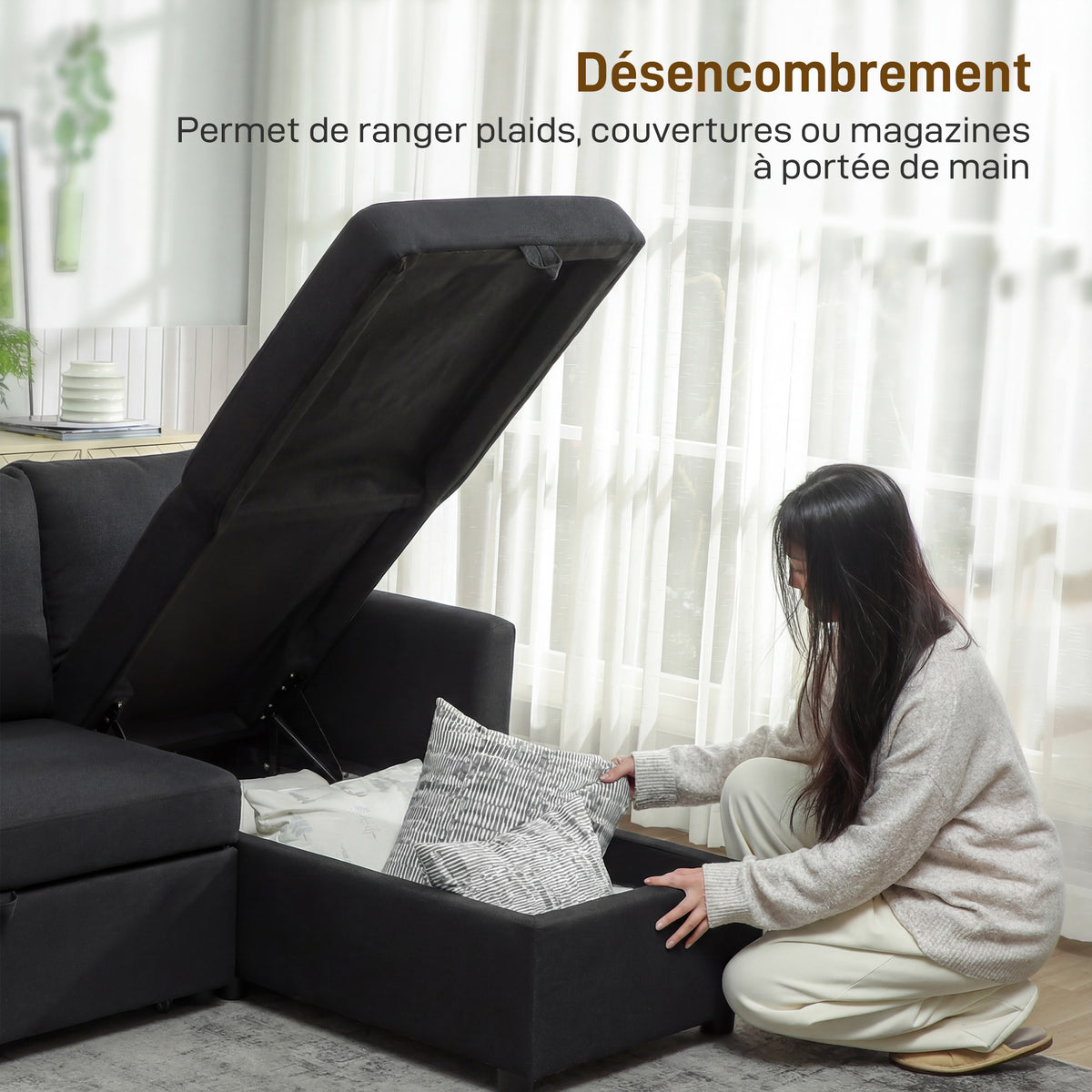 Canapé d'Angle Convertible, Canapé-Lit 3 Places 192 cm avec Méridienne Réversible, Rangement Caché, Gris Anthracite-5