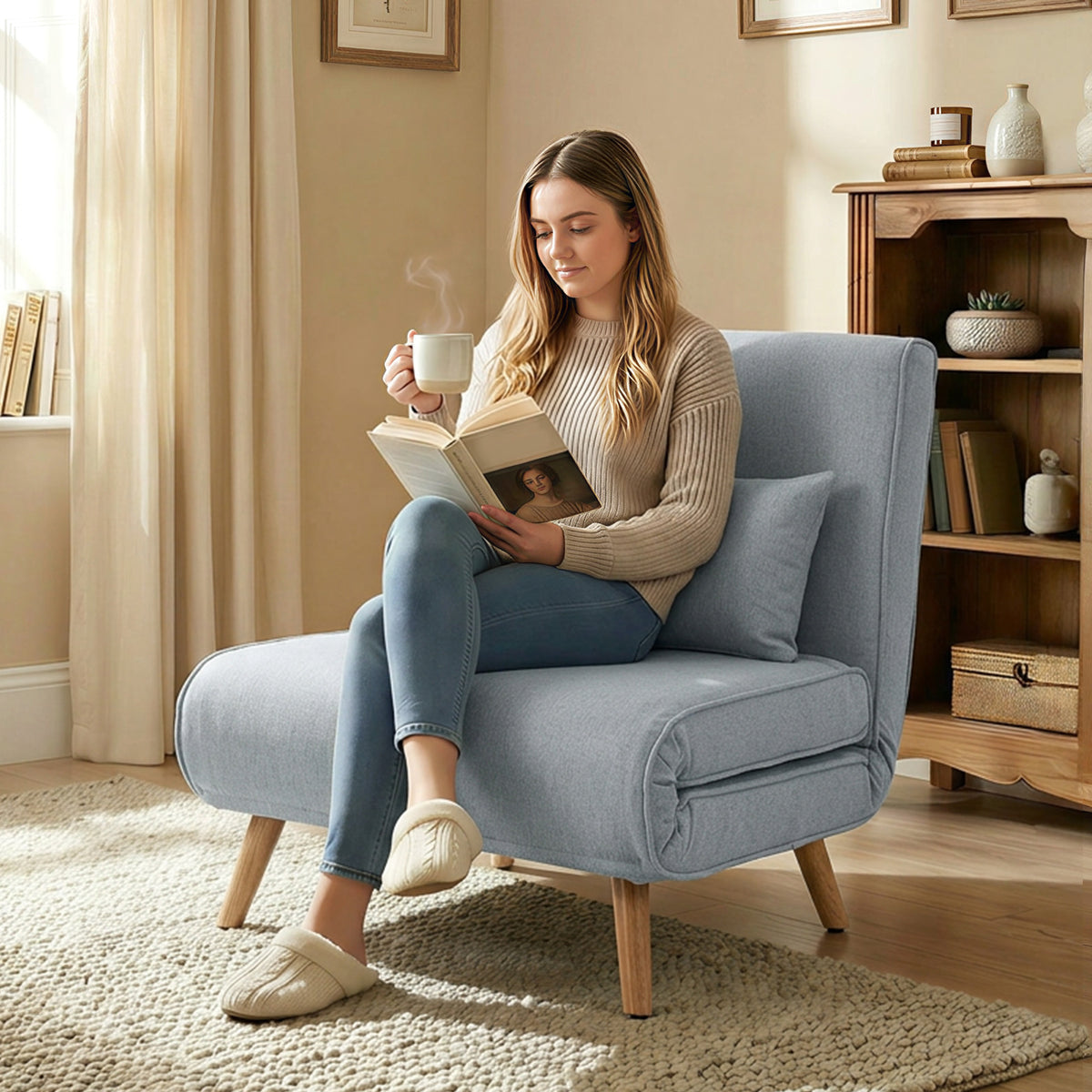 Fauteuil chauffeuse convertible 3 en 1 lit fauteuil lit 1 place dossier 5 positions en tissu avec coussin, gris-7
