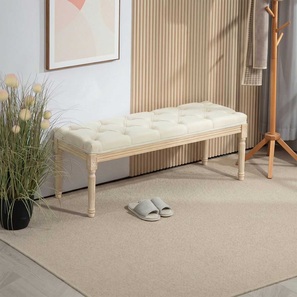 Banc Banquette classique capitonné 115cm bout de lit Rembourrée en lin - bois d'hévéa sculpté, patiné - crème-1