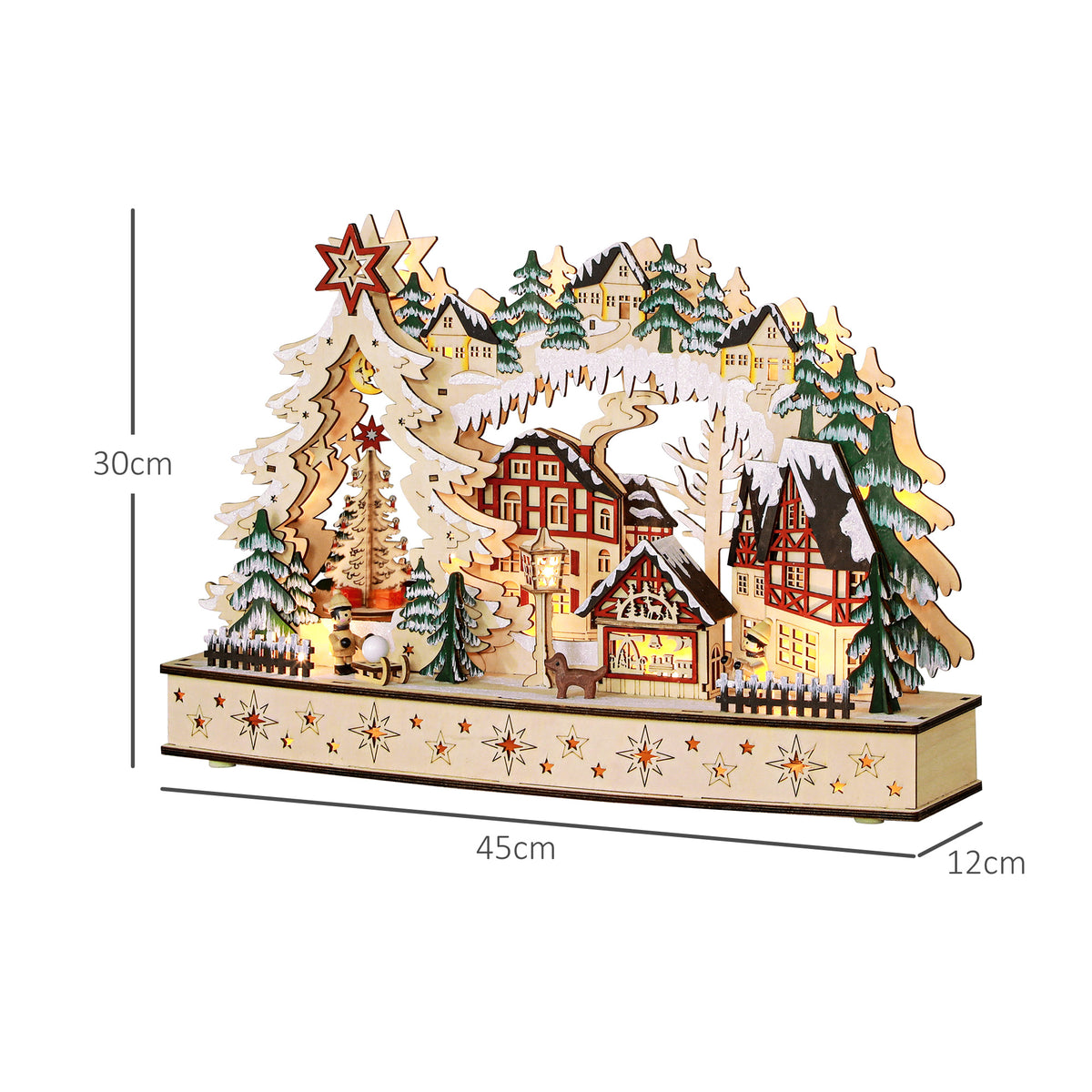 Villaggio di Natale in legno con 20 LED, paesaggio innevato, 45 × 12 × 30 cm