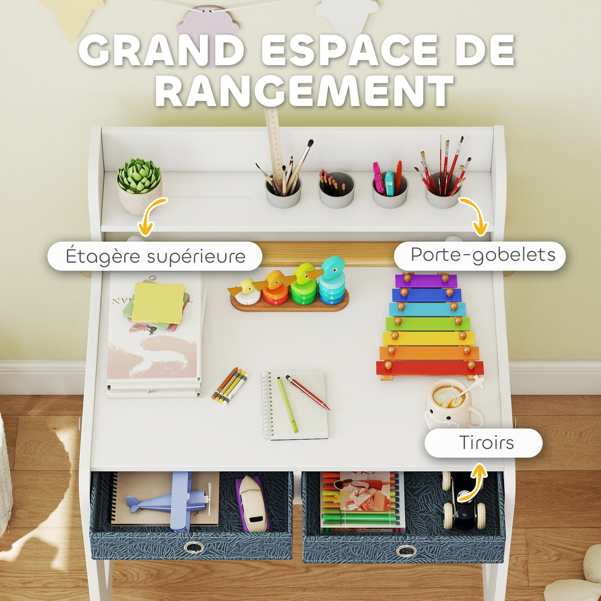 Bureau enfant avec chaise, table enfant et chaise avec 2 tiroirs en tissu et porte-gobelet, 62,8x55,6x73,8cm, blanc-4