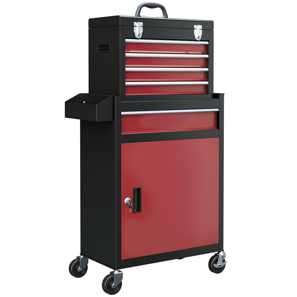 Armoire à outils verrouillable sur roulettes avec 5 tiroirs et armoire, sur roulettes pour l'atelier et la maison, rouge-0