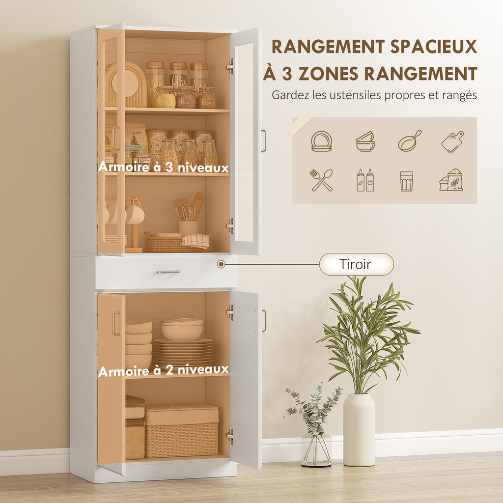Buffet haut cuisine, armoire de cuisine, 4 portes dont 2 en verre, tiroirs, étagères réglables, 60x35x180cm, blanc-3