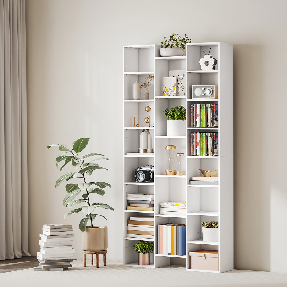 Bibliothèque, étagère à livres, étagère de rangement, 21 compartiments et 10 étagères réglables, 89,5x23,5x181cm, blanc-6
