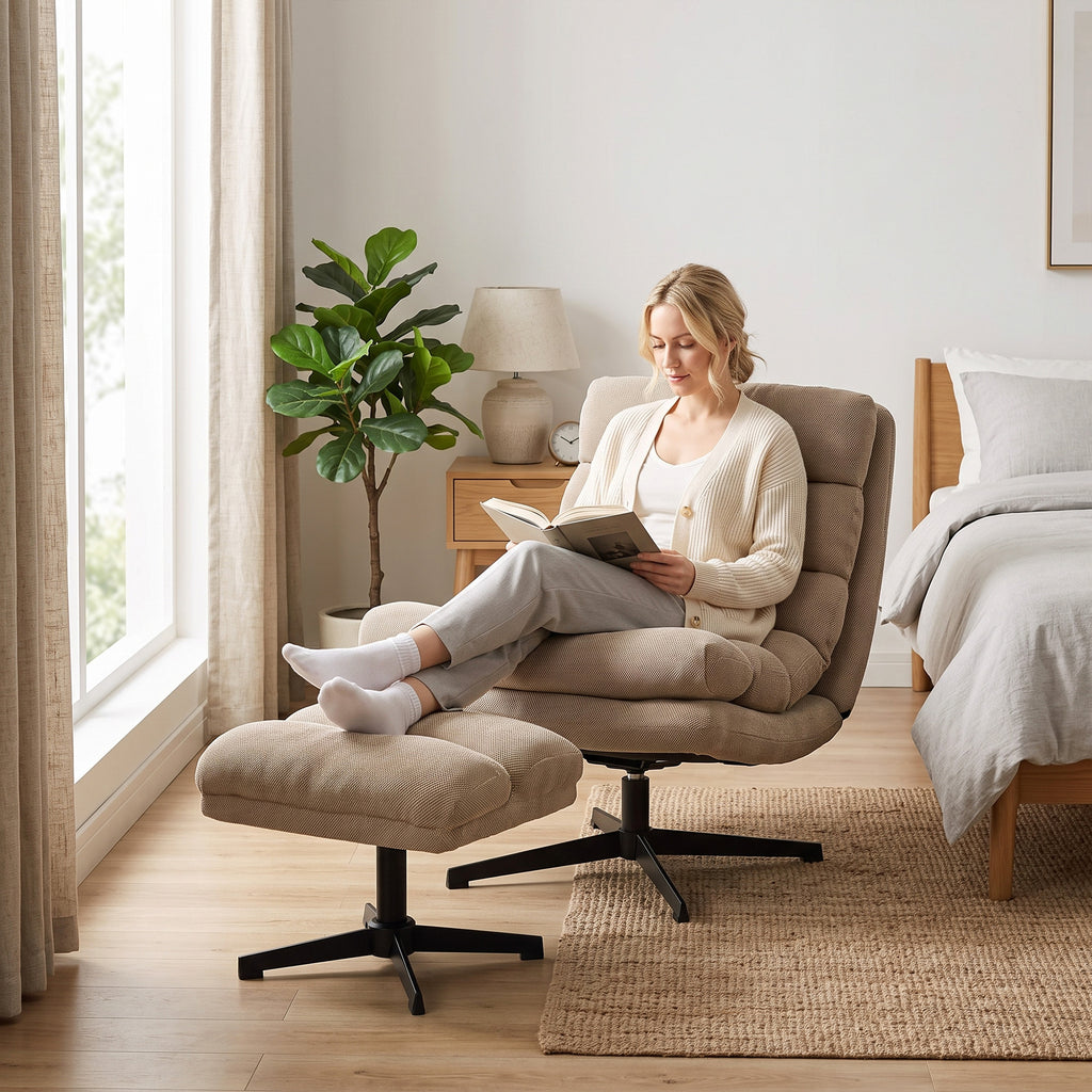 Fauteuil de Salon avec Repose-Pied Réglable, Rotation 360°, Fauteuil d'Appoint Capitonné en Lin, Assise Large, Marron-9