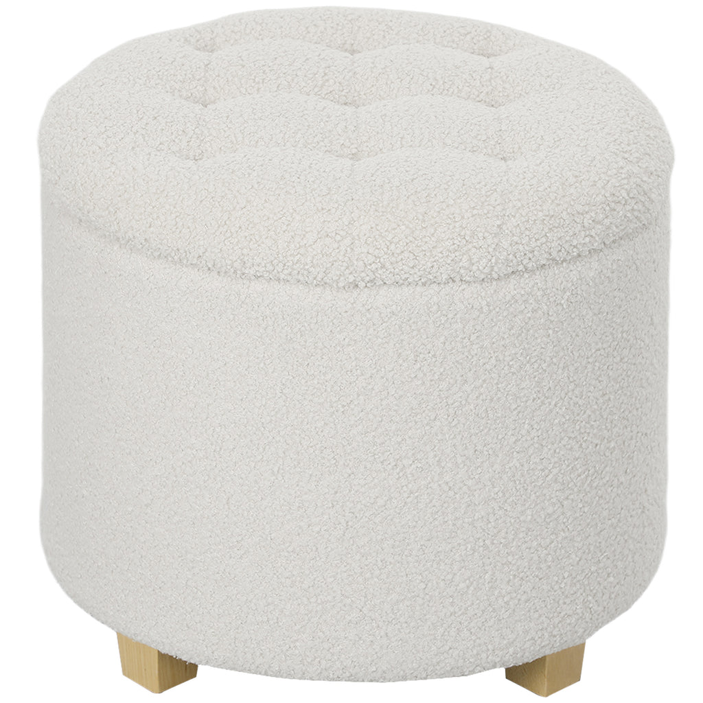 Pouf coffre rangement, tabouret rond, pouf repose-pieds en tissu bouclette, charge 120 Kg, Ø 45 x 41 cm, blanc-0