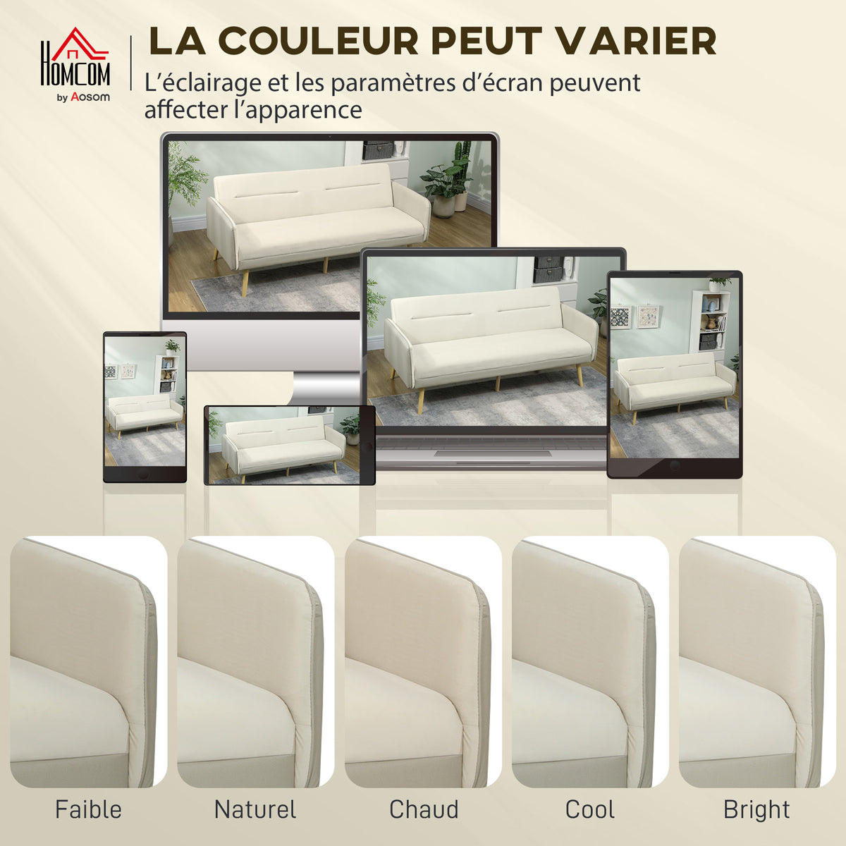 Canapé convertible 3 places 3 en 1, canapé-lit clic-clac, dossier réglable, assise rembourrée, 185 x 84 x 83 cm, beige-7