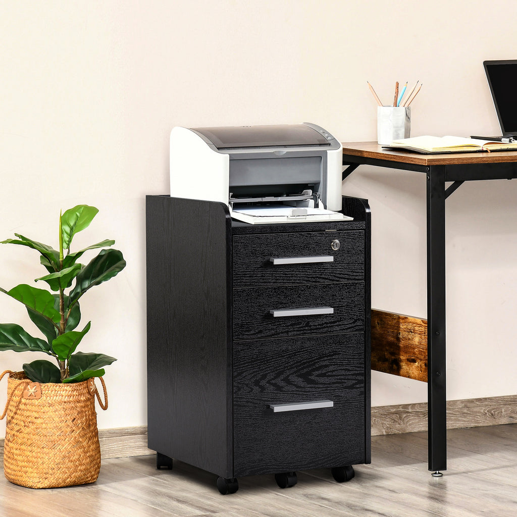 Caisson de bureau rangement bureau sur roulettes 3 tiroirs 1 verrouillable 1 trieur dossiers en bois noir-1
