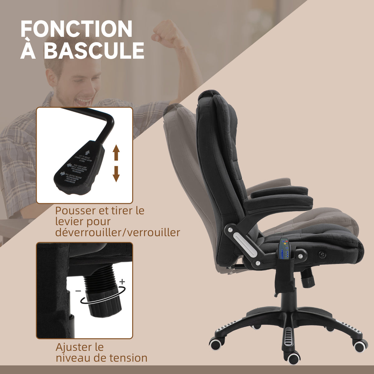 Fauteuil de bureau massant et chauffant, chaise de bureau, chaise ergonomique avec hauteur réglable, dossier-5