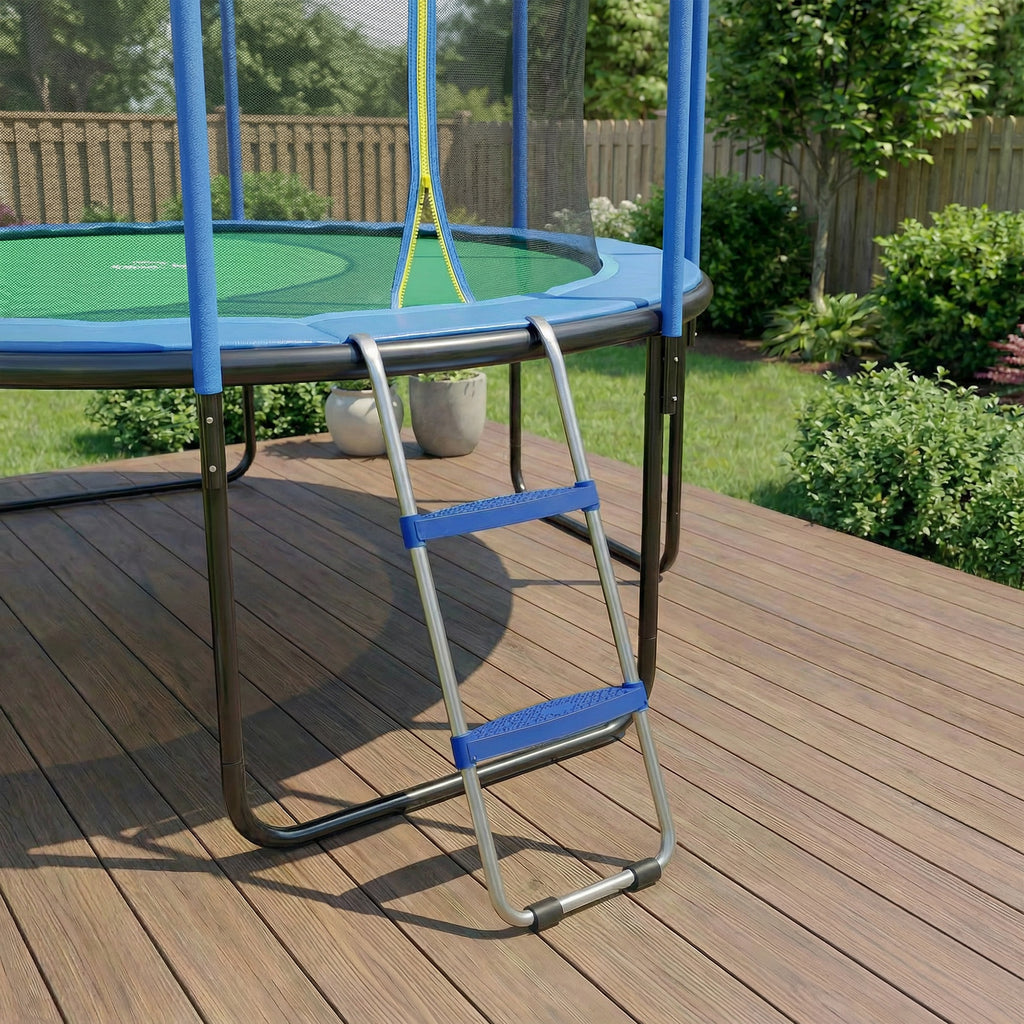 Échelle de Trampoline 2 Marches Larges avec Crochet Universel, Cadre en Acier Galvanisé, Charge 150 kg, 97x32x7 cm, Bleu-7