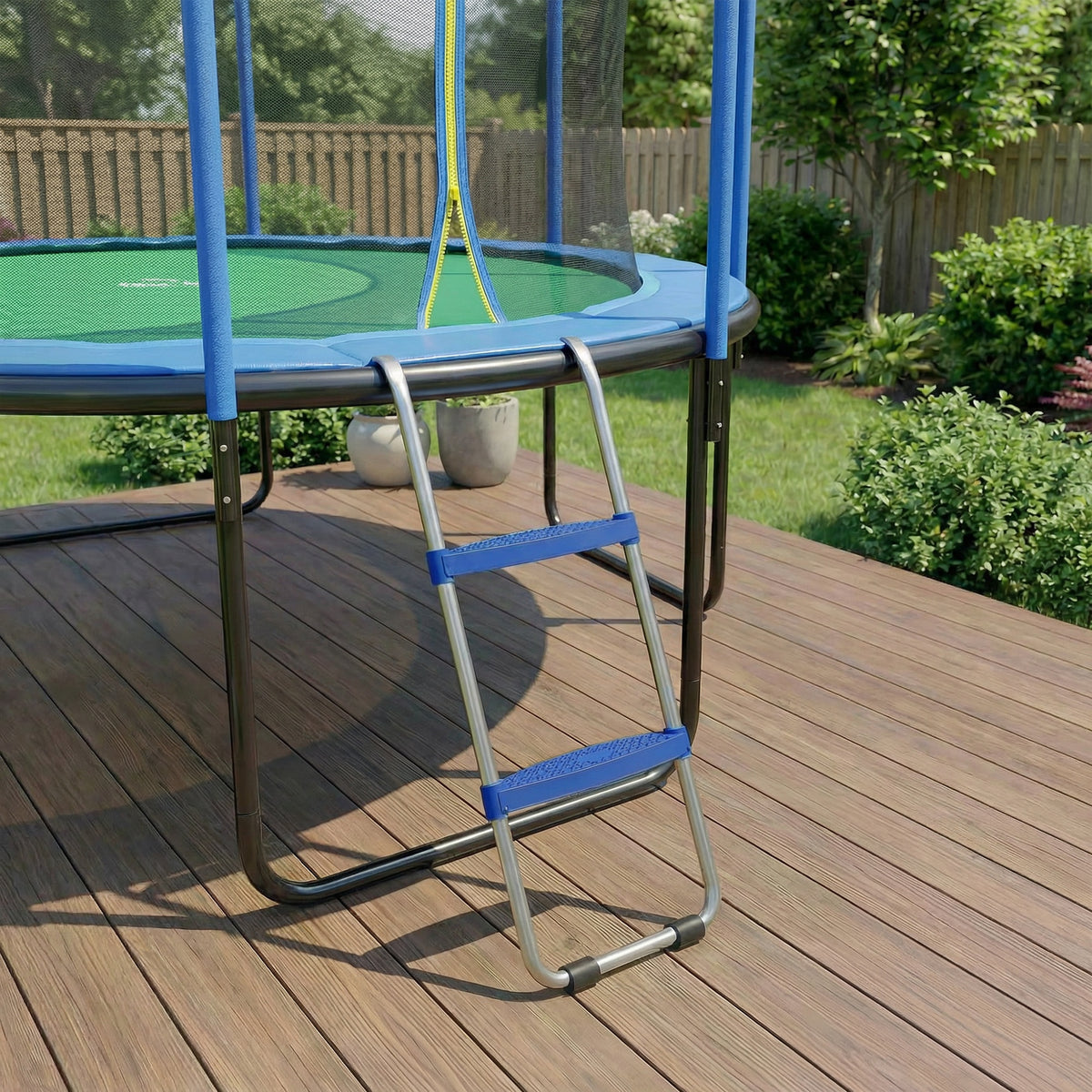 Échelle de Trampoline 2 Marches Larges avec Crochet Universel, Cadre en Acier Galvanisé, Charge 150 kg, 97x32x7 cm, Bleu-7