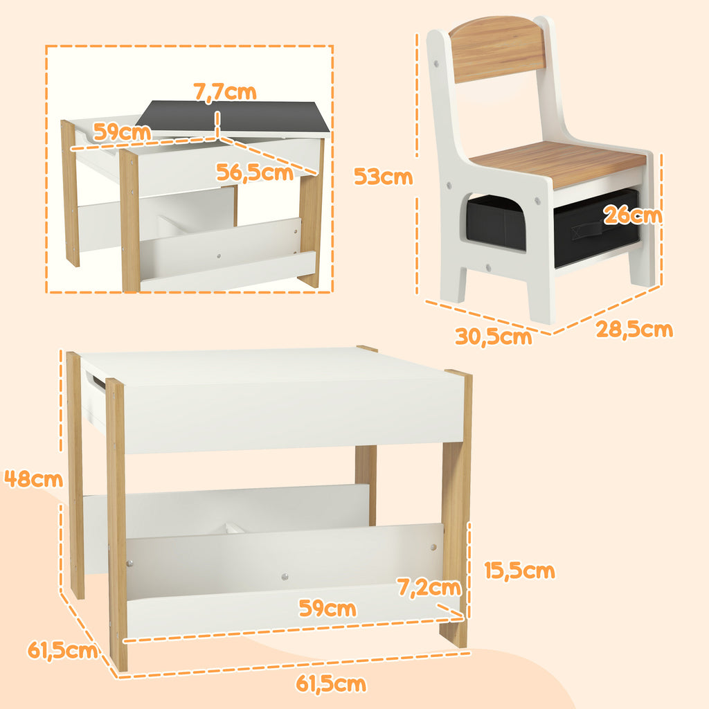 Ensemble 3 pièces table et 2 chaises pour enfant avec plateau réversible tableau noir, panier de rangement, étagères-2