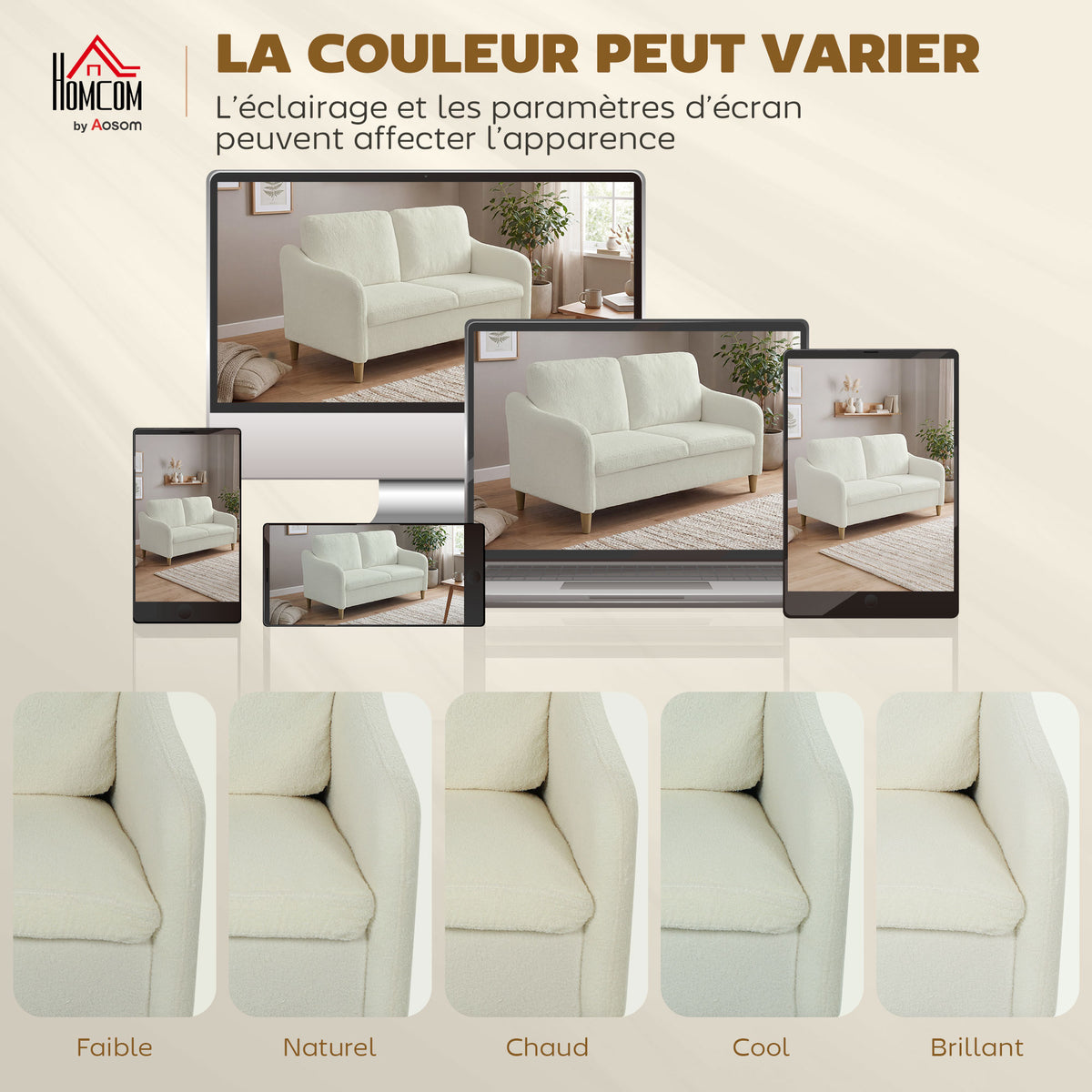 Canapé 2 places, canapé de salon en tissu bouclette avec coussins inclus, assise rembourrée, 137 x 69 x 82 cm, crème-6