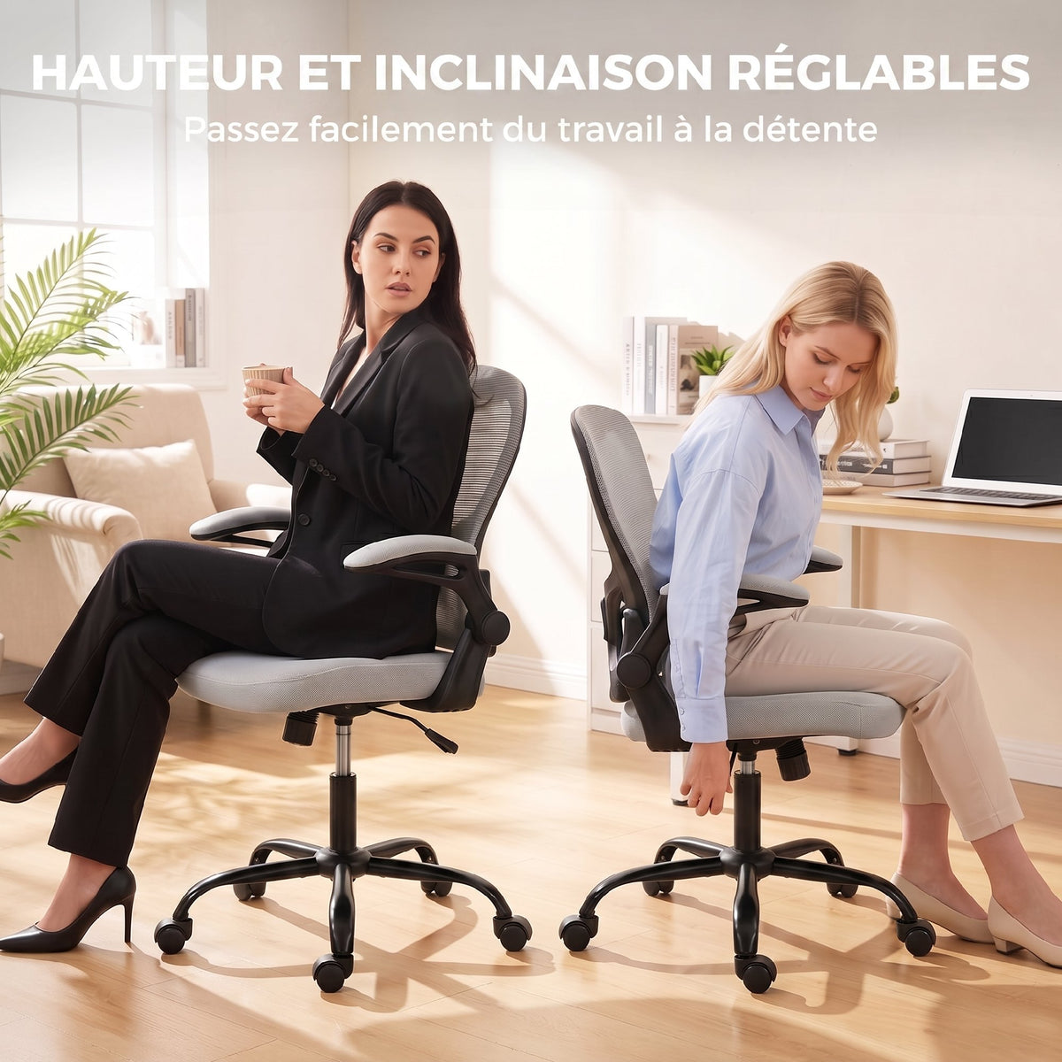 Chaise Bureau Ergonomique, Fauteuil de Bureau Maille, Accoudoirs Relevables, Hauteur Réglable, Fonction Bascule, Gris-4