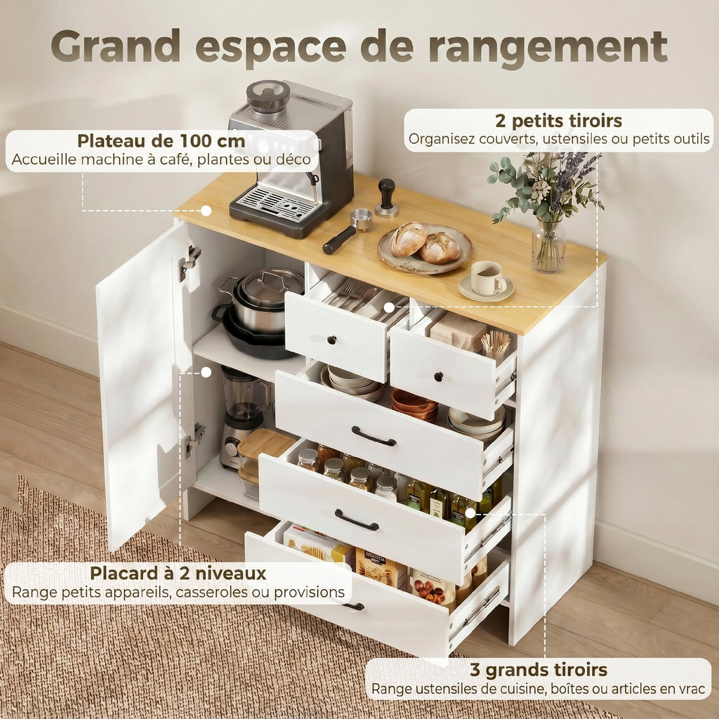 Buffet Cuisine, Meuble de Rangement avec 5 Tiroirs et Porte, Style Rustique, 100 x 40 x 94 cm, Blanc-3