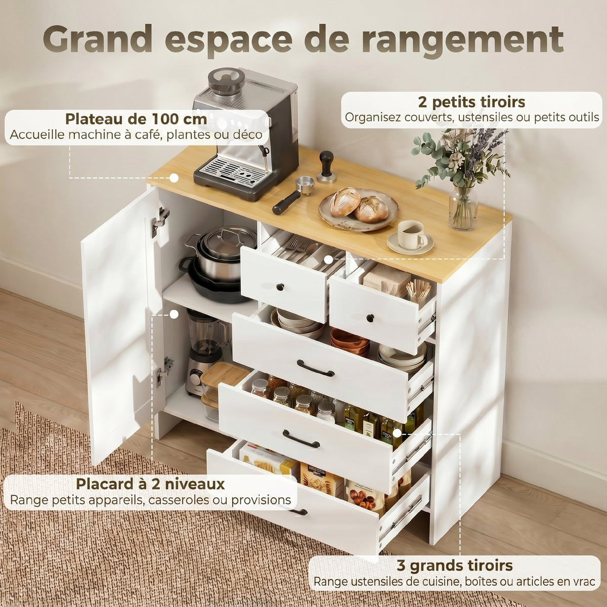 Buffet Cuisine, Meuble de Rangement avec 5 Tiroirs et Porte, Style Rustique, 100 x 40 x 94 cm, Blanc-3