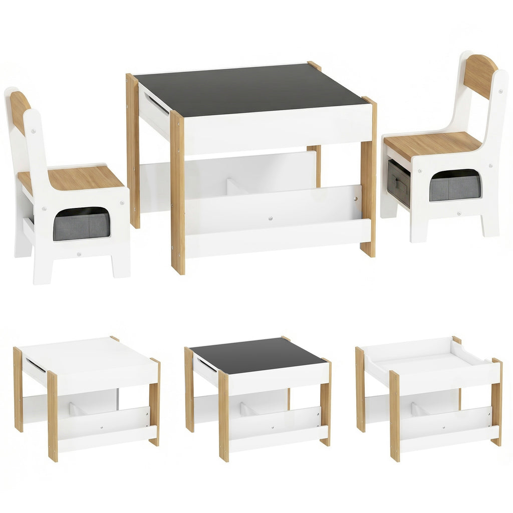 Ensemble 3 pièces table et 2 chaises pour enfant avec plateau réversible tableau noir, panier de rangement, étagères-0