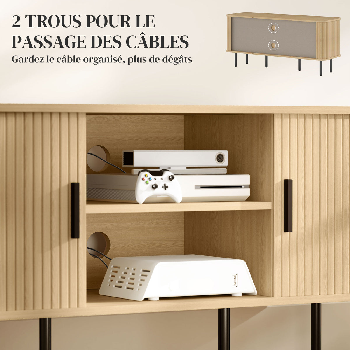 Meuble TV avec 2 portes tambour à lamelles design scandinave pour télévision jusqu'à 55 pouces 120 cm ton chêne-5