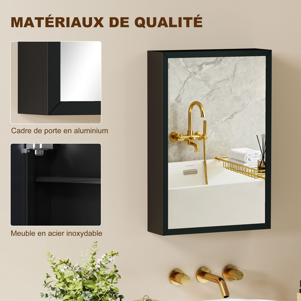 Armoire miroir de salle de bain armoire murale armoire à glace avec 1 porte et 2 étagères en acier 40 x 12 x 60 cm noir-7