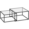Lot de 2 tables basses gigognes, table de salon avec plateau en verre trempé et structure en métal, noir-0