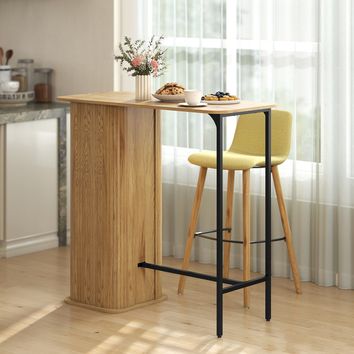 Table Haute Mange Debout, Table de Bar avec 3 Étagères de Rangement et Pieds en Métal, 112x50x106cm, Bois Naturel-9