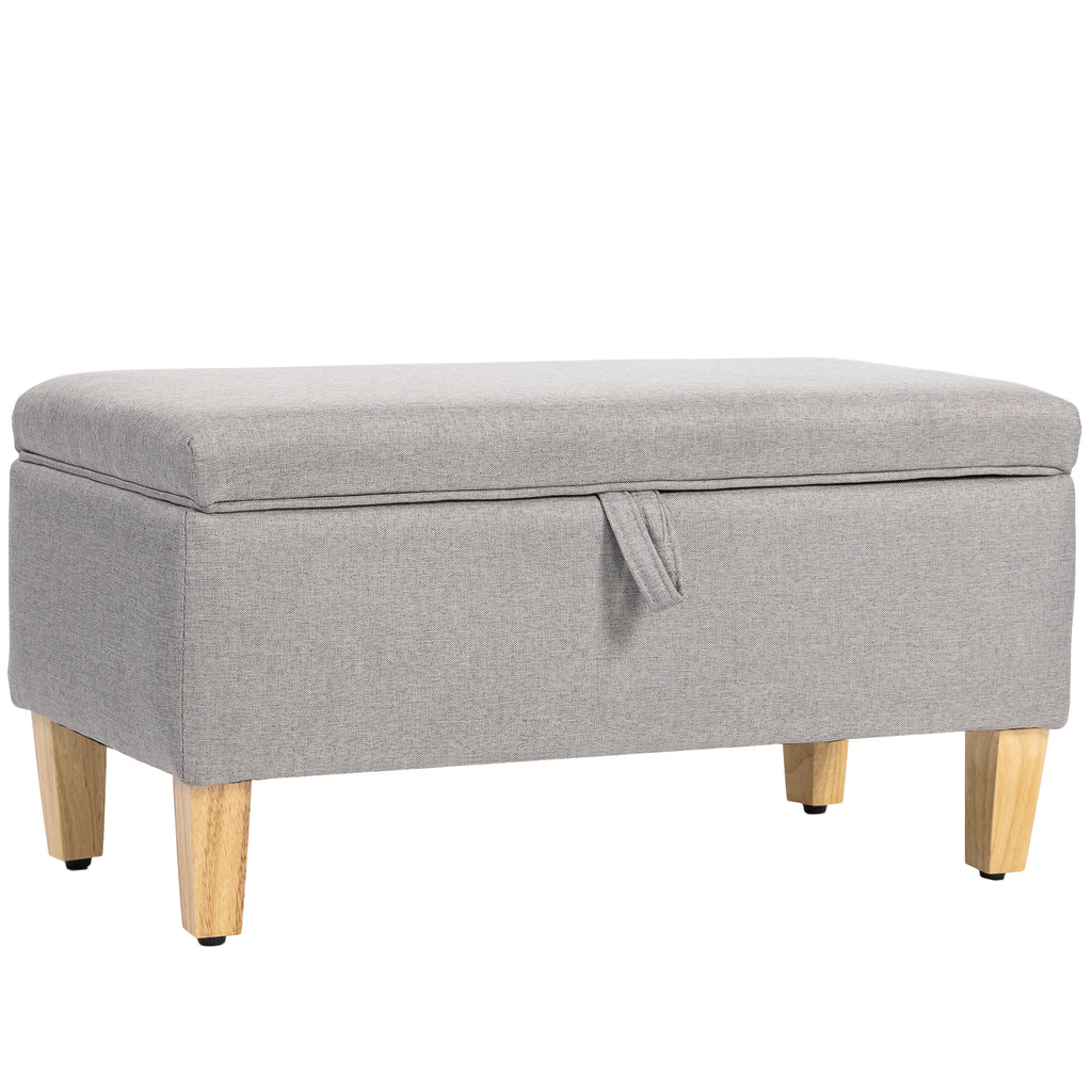 Banc de rangement, bout de lit, repose-pieds rembourré en lin avec pieds en bois de caoutchouc, 71x37x36cm, gris clair-0