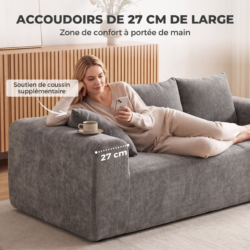 Canapé 3 Places en Chenille 220 cm, Canapé Salon Moderne avec Assise et Accoudoirs Larges, 3 Coussins, Gris-4
