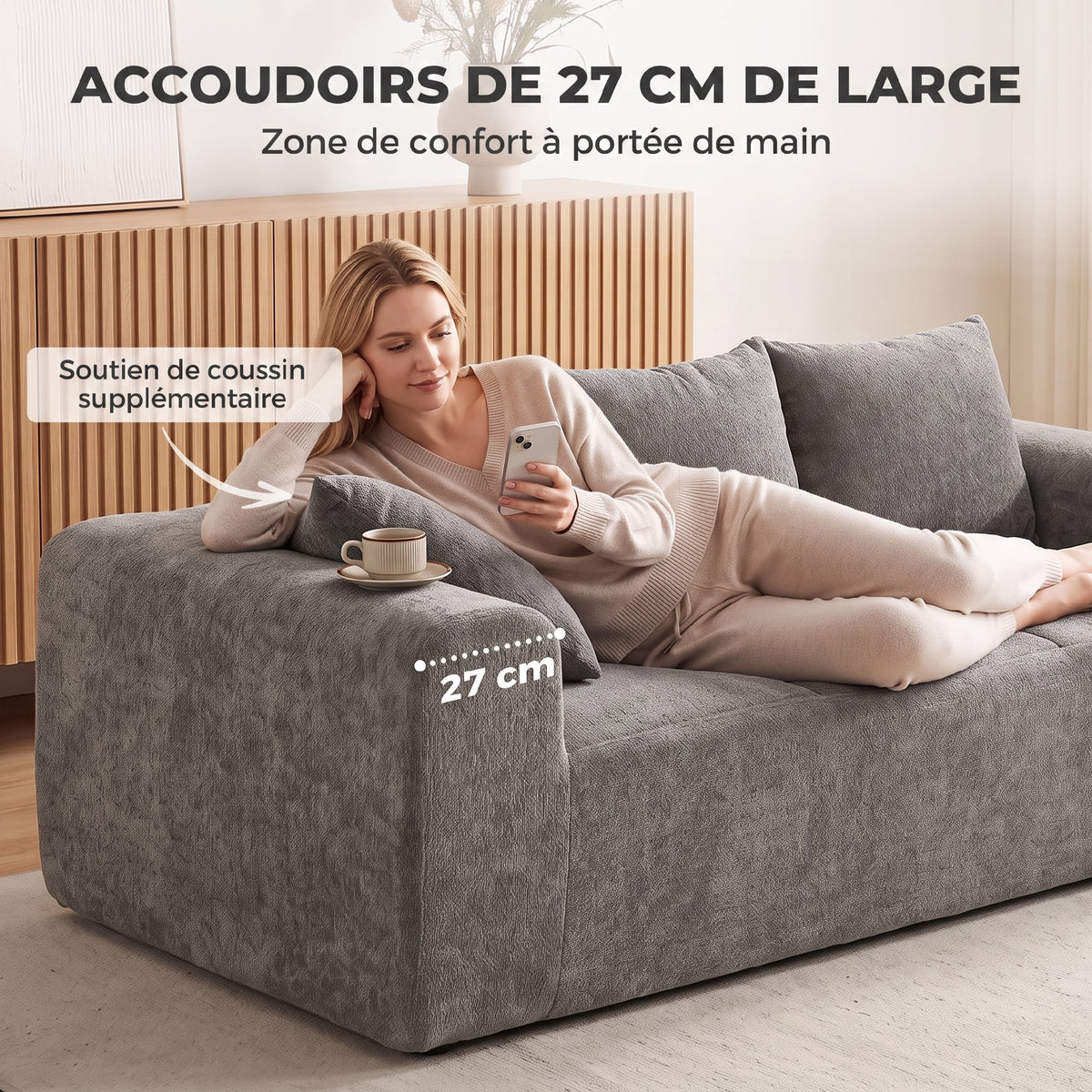 Canapé 3 Places en Chenille 220 cm, Canapé Salon Moderne avec Assise et Accoudoirs Larges, 3 Coussins, Gris-4