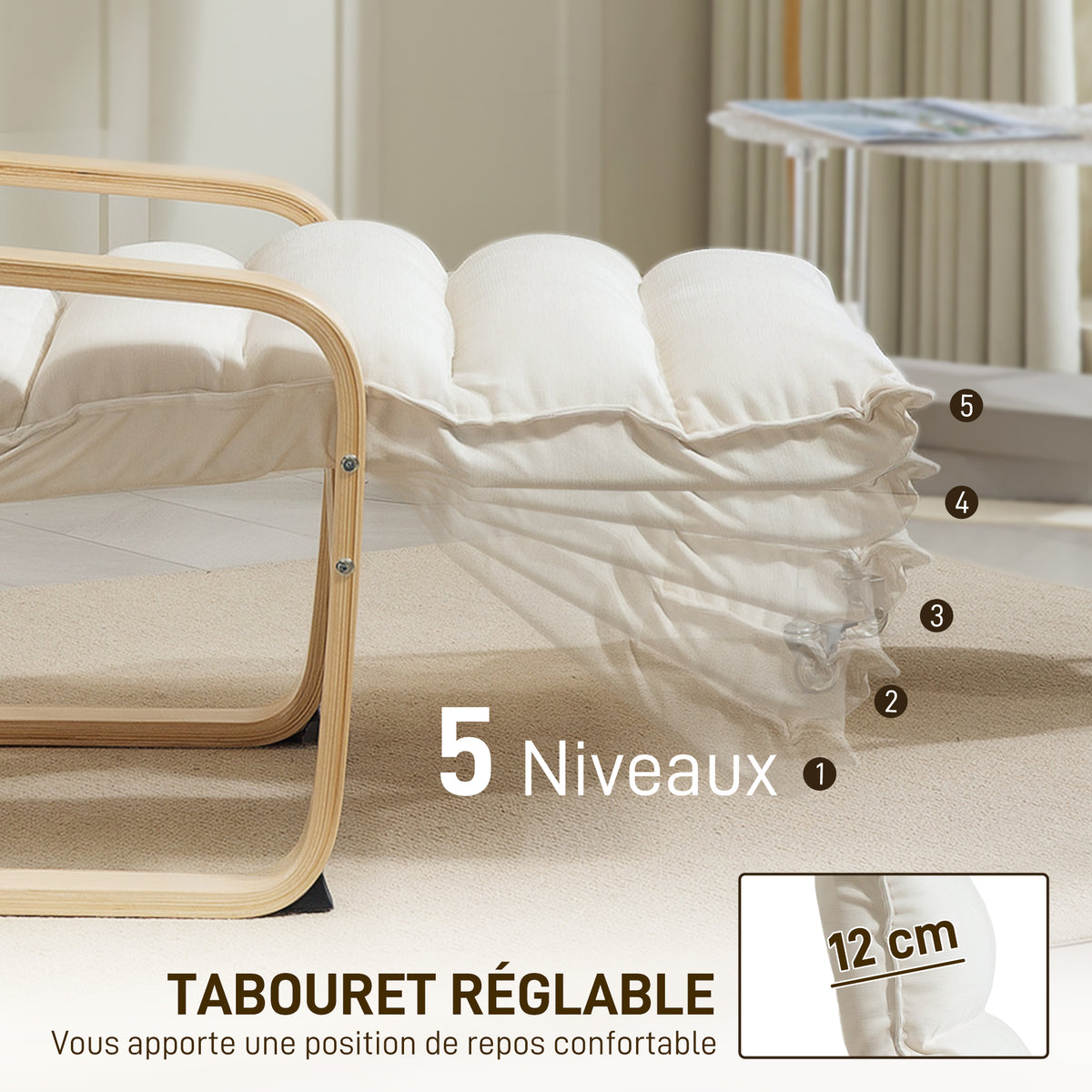 Fauteuil salon, fauteuil d'appoint rembourré en velours, repose-pieds réglable et structure en acier, 67x93x105cm, crème-4