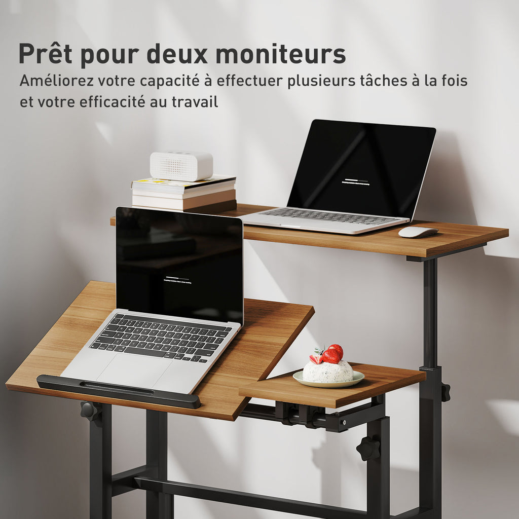 Bureau assis debout bureau réglable en hauteur 70 x 60 cm à roulettes avec plateau inclinable cadre en métal marron-6