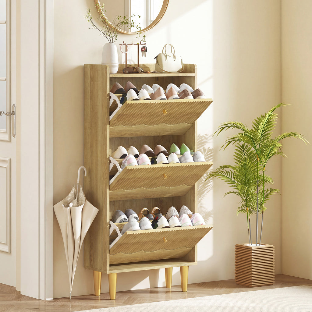 Meuble à chaussures 18 paires, armoire à chaussures étroite, 3 tiroirs rabattables étagères réglables, 60x24x128cm, chêne-1