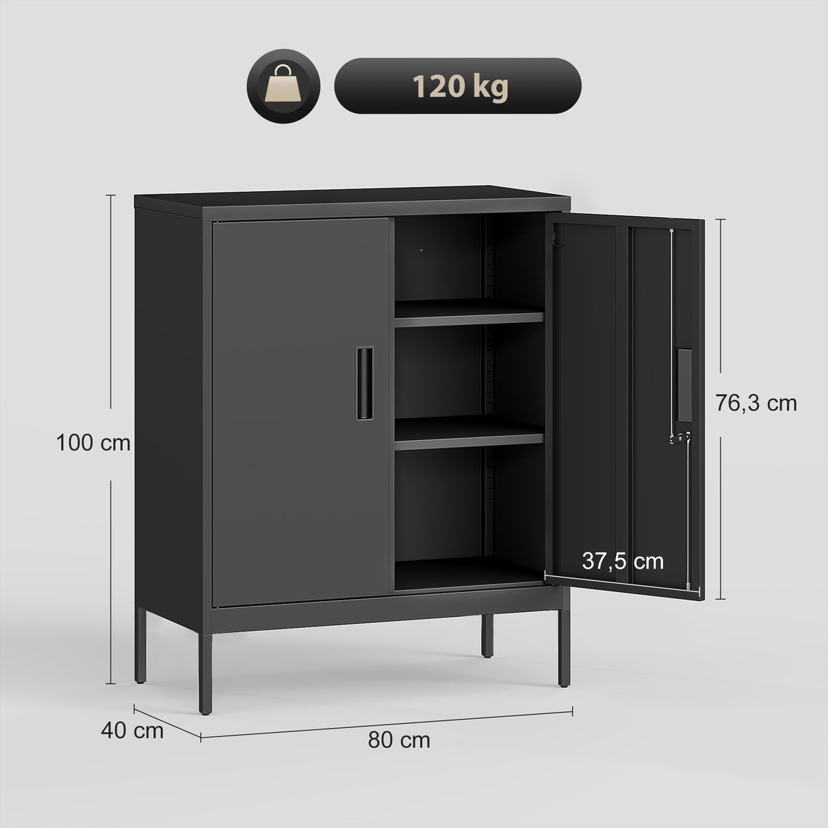 Armoire de Bureau Métallique, 80 x 40 x 100 cm, Meuble de Rangement, Serrure, 2 Portes et 2 Étagères Réglables, Noir-2