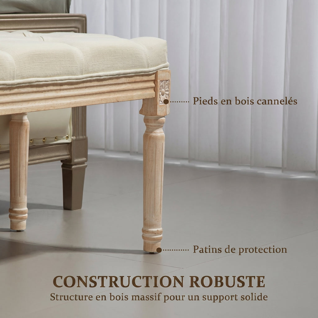 Banc Banquette classique capitonné 115cm bout de lit Rembourrée en lin - bois d'hévéa sculpté, patiné - crème-4