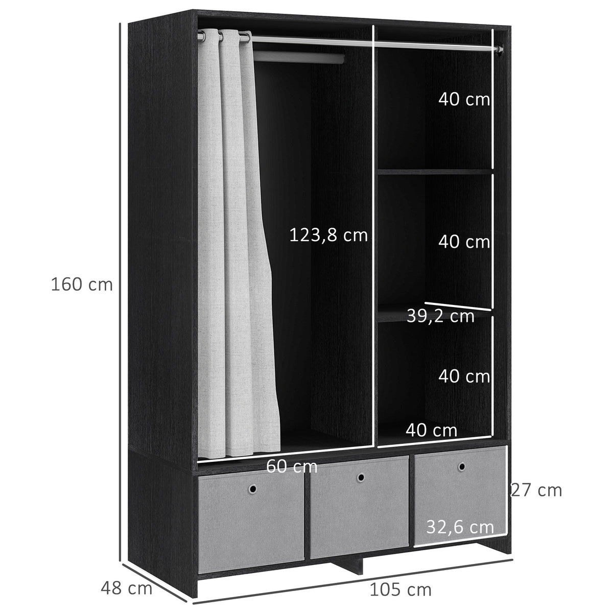 Armoire penderie armoire de rangement avec tringle rideaux 3 niches et 3 tiroirs en tissu amovibles 105 x 48 x 160 cm-2