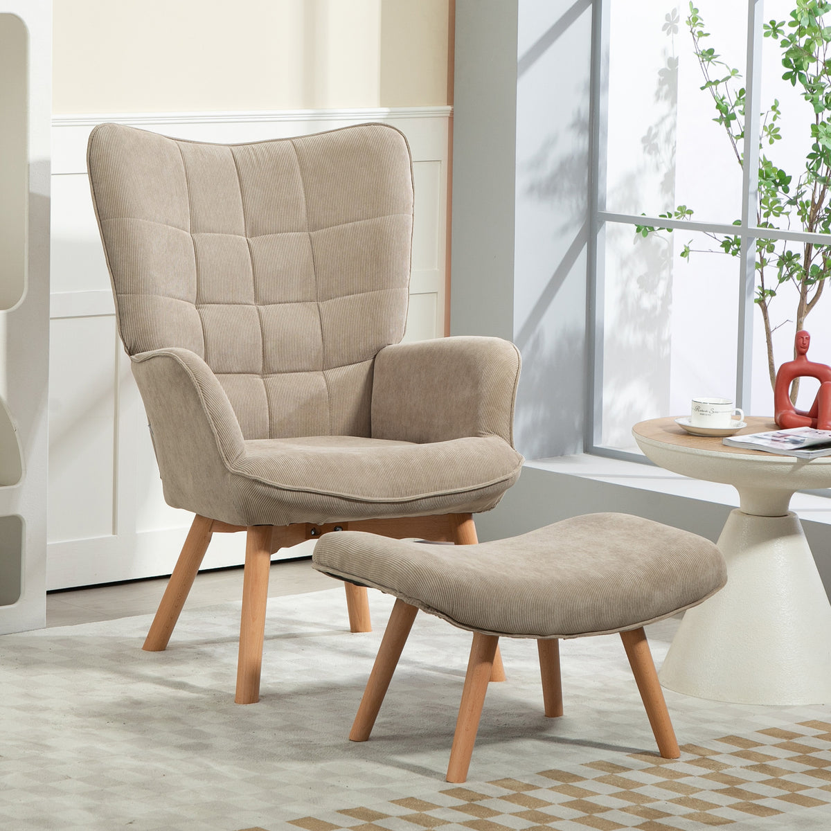 Fauteuil de Salon avec Repose-Pied, Fauteuil d'Appoint Capitonné en Velours Côtelé, Dossier Haut et Accoudoirs, Marron-9