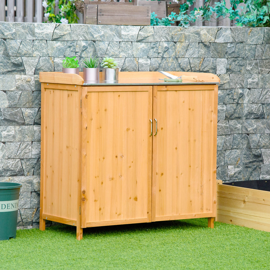 Armoire de jardin sur pied table de rempotage 2 en 1 - table de jardinage double porte, étagère, plateau tôle-1