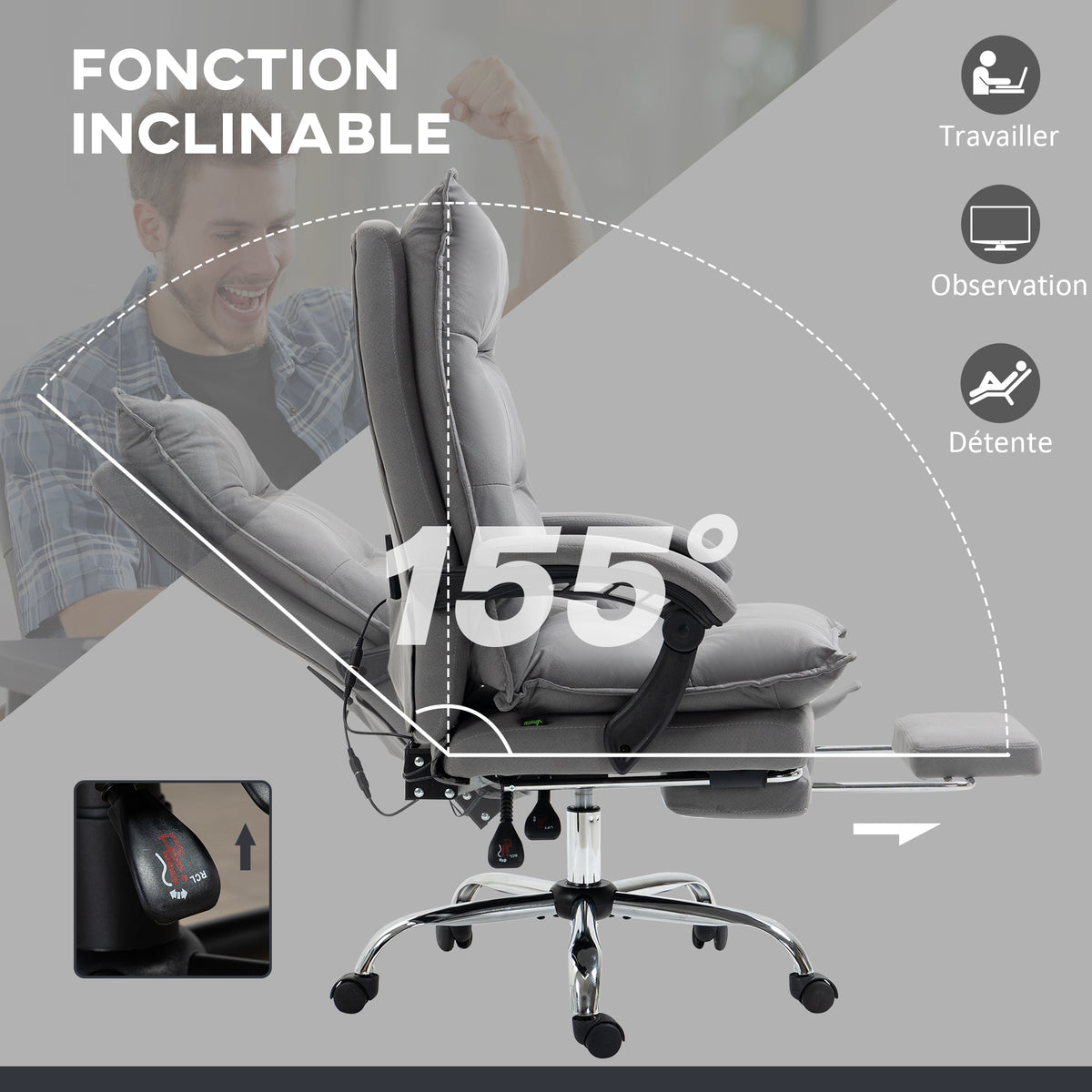 Fauteuil de bureau massant et chauffant, chaise de bureau, hauteur réglable, dossier inclinable, 66x74x121,5cm gris-6