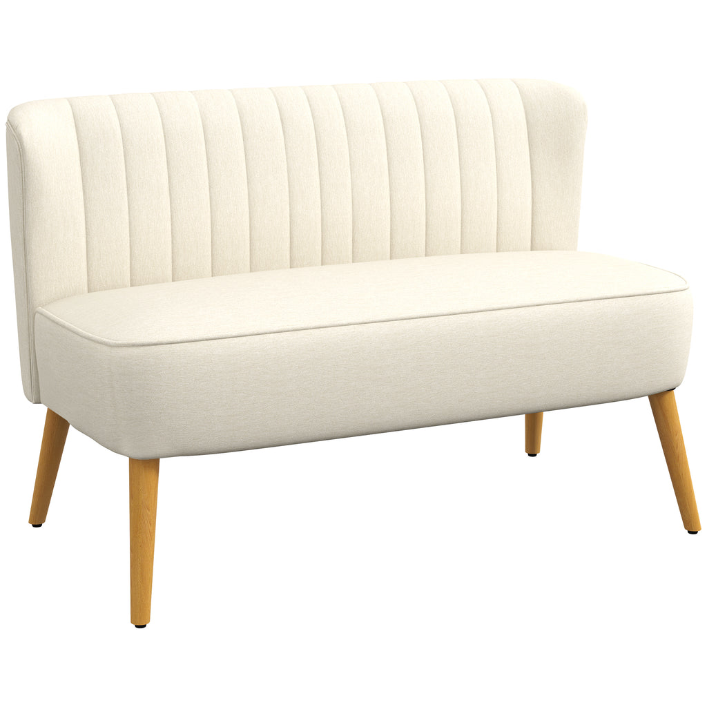 Canapé 2 places, canapé de salon en tissu aspect lin, assise rembourrée et pieds en bois d'hévéa, 117x56,5x77cm, crème-0
