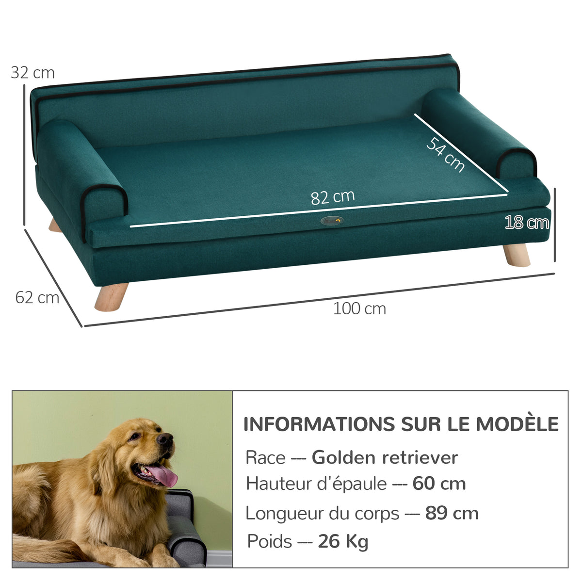 Canapé pour chien chat design scandinave coussin moelleux amovible pieds bois massif 100 x 62 x 32 cm bleu canard-2