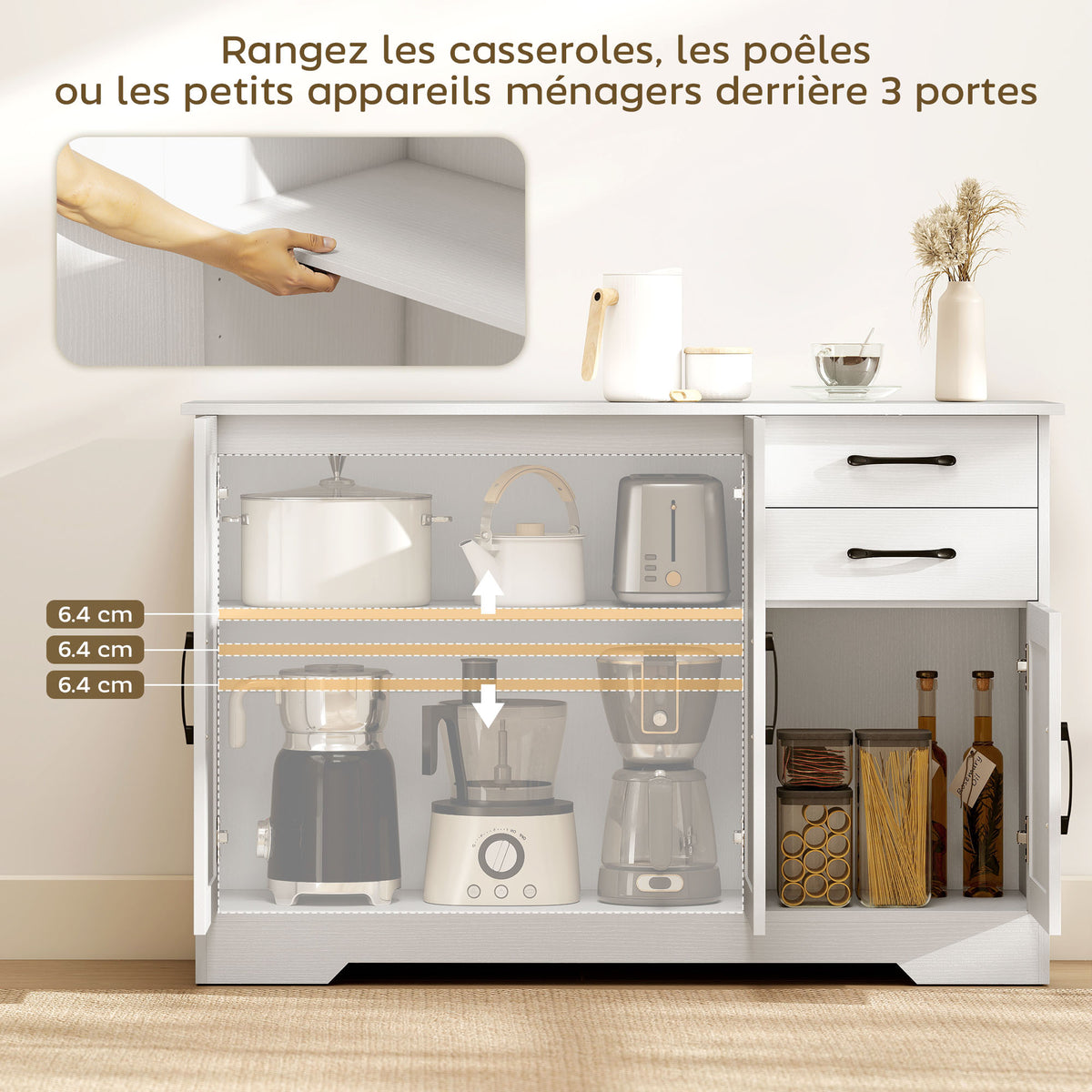 Buffet, meuble de rangement avec 3 portes, 2 tiroirs et étagère réglable, 120 x 38 x 79 cm, blanc-3