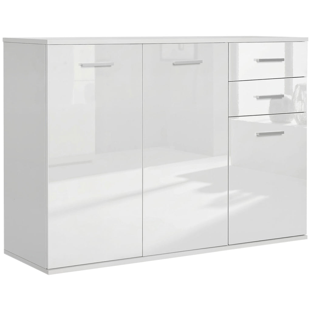 Buffet salon à haut brillance, meuble de rangement avec 2 tiroirs, 3 portes et étagère réglable, style contemporain, buffet salle à manger et cuisine, 106 x 35 x 76 cm, blanc-0