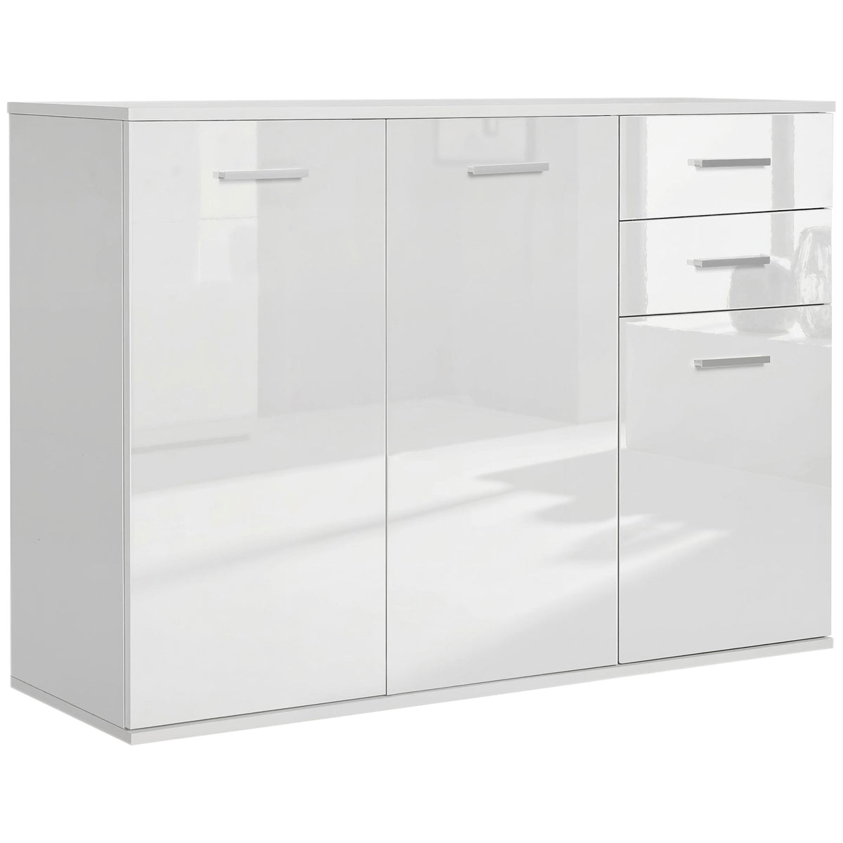 Buffet salon à haut brillance, meuble de rangement avec 2 tiroirs, 3 portes et étagère réglable, style contemporain, buffet salle à manger et cuisine, 106 x 35 x 76 cm, blanc-0