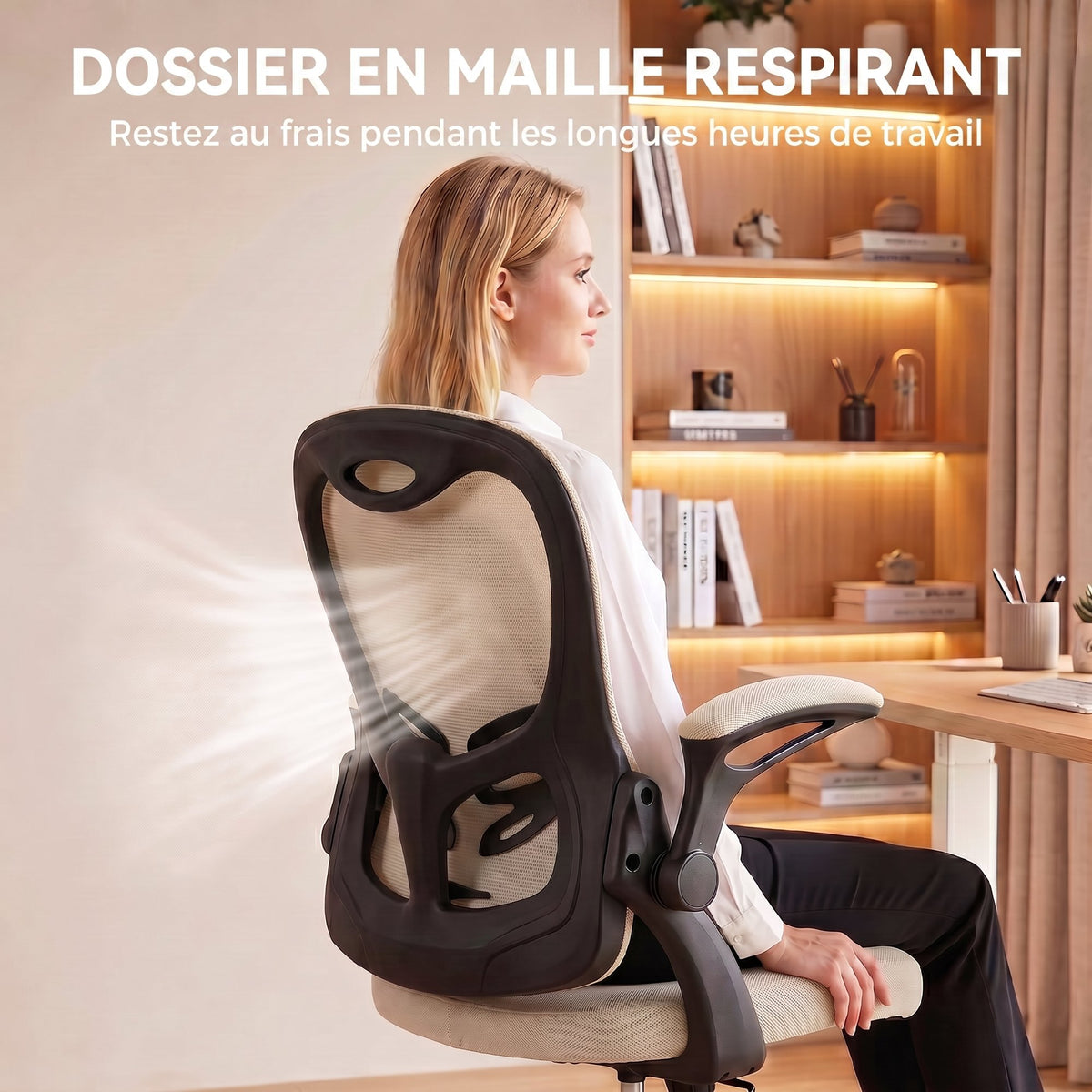 Chaise Bureau Ergonomique, Fauteuil de Bureau Maille, Accoudoirs Relevables, Hauteur Réglable, Fonction Bascule, Beige-5