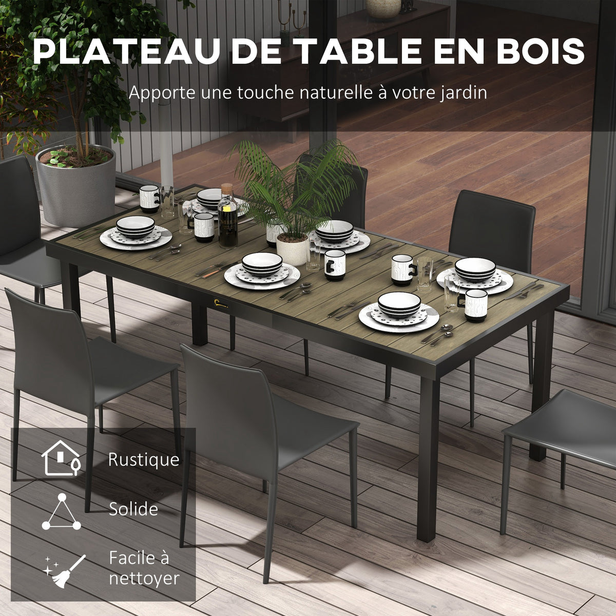 Table de jardin rectangulaire pour 8 personnes en aluminium table de salle à manger extétieur plateau PE à lattes-3