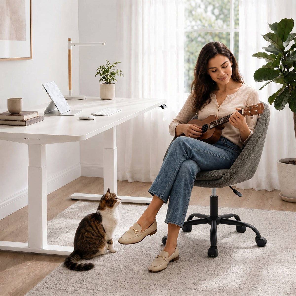Chaise Bureau Ergonomique en Chenille, Hauteur Réglable, Accoudoirs Intégrés, Pivotant 360°, 59x60x79-89cm, Vert Foncé-8