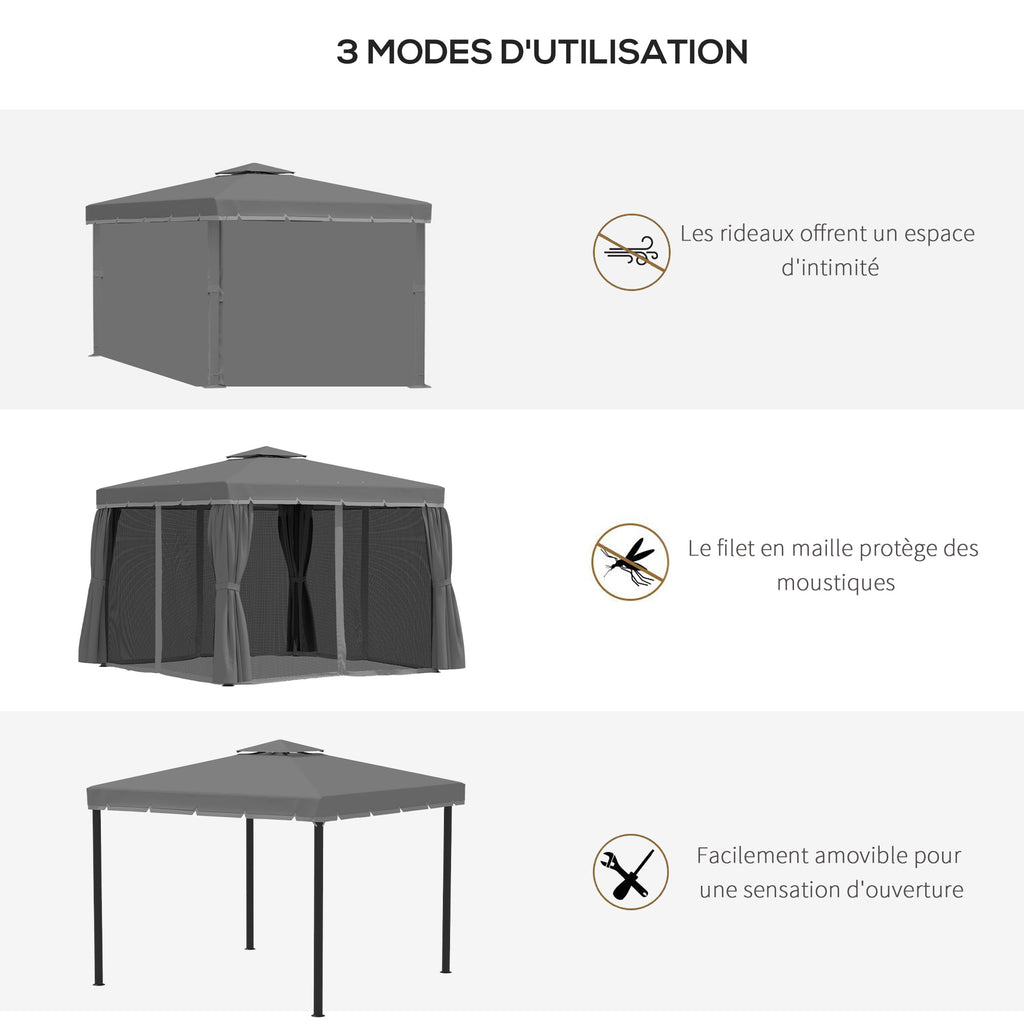 Tonnelle de jardin extérieur 3 x 3 m, barnum avec toit double, rideaux et moustiquaire, cadre en aluminium, gris foncé-5