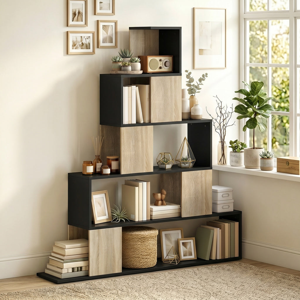 Étagère de rangement, bibliothèque géométrique à 5 niveaux, pour bureau, salon, chambre, noir et bois naturel-1